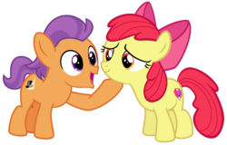 Size: 4700x3000 | Tagged: safe, artist:cheezedoodle96, apple bloom, tender taps, pony, g4, on your marks, .svg available, cutie mark, female, filly, happy, high res, hoof on chin, male, open mouth, shipping, simple background, straight, svg, tenderbloom, the cmc's cutie marks, transparent background, vector
