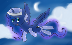 Size: 1920x1200 | Tagged: safe, artist:pucksterv, princess luna, g4, anatomically incorrect, butt wings, clothes, cloud, female, flying, hat, moon, night, nightcap, sky, socks, solo, wings