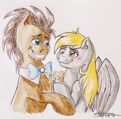 Size: 3361x3313 | Tagged: safe, artist:artbyponypony, derpy hooves, doctor whooves, time turner, pegasus, pony, g4, blushing, female, food, high res, male, mare, muffin, ship:doctorderpy, shipping, simple background, straight, traditional art