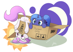 Size: 1754x1240 | Tagged: safe, artist:wonkysole, princess celestia, princess luna, alicorn, pony, g4, 2016, :o, box, cewestia, cute, cutelestia, dock, female, filly, foal, lunabetes, old art, open mouth, pink-mane celestia, pony in a box, royal sisters, siblings, simple background, sisters, tail, transparent background, underhoof, upside down, woona, younger