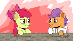 Size: 1280x720 | Tagged: safe, artist:rainbrony, apple bloom, tender taps, g4, on your marks, blushing, female, male, shipping, straight, tenderbloom