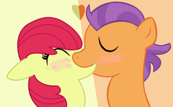 Size: 1308x810 | Tagged: safe, artist:marblelight, apple bloom, tender taps, g4, on your marks, blushing, female, kiss on the lips, kissing, male, shipping, straight, tenderbloom