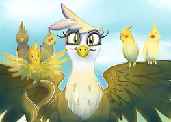 Size: 800x571 | Tagged: safe, artist:ryuredwings, gilda, bird, cockatiel, griffon, g4, birb, cute, female, gildadorable, smiling, solo, spread wings, wings