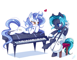 Size: 1500x1182 | Tagged: safe, artist:ipun, oc, oc only, oc:cello sonata, oc:fair key, cello, heart eyes, musical instrument, piano, simple background, white background, wingding eyes