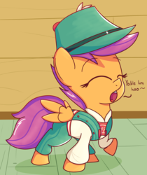Size: 1769x2105 | Tagged: safe, artist:mr-degration, scootaloo, pegasus, pony, g4, on your marks, clothes, cute, cutealoo, eyes closed, female, filly, hat, lederhosen, scene interpretation, solo, that was fast, tyrolean, yodeling, yodeloo