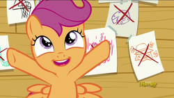 Size: 1920x1080 | Tagged: safe, screencap, scootaloo, pony, g4, on your marks, bipedal, discovery family logo, female, looking up, open mouth, raised hoof, smiling, solo, spread arms, spread wings
