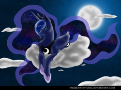 Size: 3414x2550 | Tagged: safe, artist:frozen-fortune, princess luna, alicorn, pony, g4, cloud, female, high res, moon, night, prone, solo