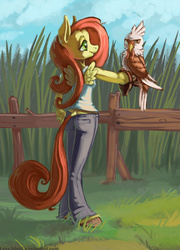 Size: 792x1100 | Tagged: safe, artist:lexx2dot0, fluttershy, bird, falcon, anthro, unguligrade anthro, g4, ass, butt, clothes, female, midriff, pants, shirt, solo, tank top, unshorn fetlocks