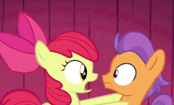 Size: 474x289 | Tagged: safe, edit, edited screencap, screencap, apple bloom, tender taps, earth pony, pony, g4, on your marks, season 6, animated, blushing, colt, duo, eyes closed, female, filly, foal, frown, gif, kiss edit, kiss on the lips, kissing, looking at each other, looking at someone, male, shipping, straight, tenderbloom