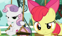 Size: 873x514 | Tagged: safe, screencap, apple bloom, sweetie belle, g4, on your marks, discovery family logo, displeased, swing