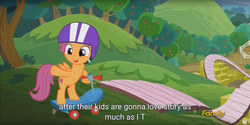 Size: 1920x960 | Tagged: safe, screencap, scootaloo, g4, my little pony: friendship is magic, on your marks, discovery family logo, meme, scooter, youtube caption