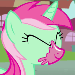 Size: 464x464 | Tagged: safe, screencap, minty bubblegum, pony, g4, on your marks, animated, background pony, bubblegum, democracy in the comments, female, food, party hard, solo