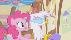Size: 1280x720 | Tagged: safe, screencap, gilda, pinkie pie, griffon, g4, griffon the brush off, blindfold, pin the tail on the pony