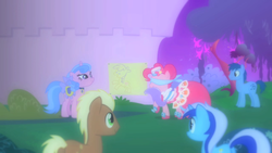 Size: 1280x720 | Tagged: safe, screencap, blues, meadow song, minuette, noteworthy, pinkie pie, royal ribbon, g4, my little pony: friendship is magic, the best night ever, blindfold, clothes, dress, gala dress, pin the tail on the pony