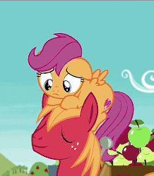Size: 627x720 | Tagged: safe, screencap, big macintosh, scootaloo, earth pony, pegasus, pony, g4, on your marks, apple, cute, cutealoo, cutie mark, eyes closed, female, filly, floppy ears, food, frown, gif, male, non-animated gif, ponies riding ponies, pony hat, riding, sad, scootahat, scootaloo riding big macintosh, smiling, stallion, sweet apple acres, the cmc's cutie marks
