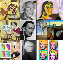 Size: 1909x1800 | Tagged: safe, edit, edited screencap, screencap, acrylic paint (g4), peachy pitt, pinto paintcaster, pop art (g4), saddler daily, tree hugger, earth pony, human, pony, g4, on your marks, andy warhol, bust, cubism, discovery family logo, male, marilyn monroe, modern art, pablo picasso, ponified, portrait, reference, salvador dalí, stallion, the persistence of memory, the temptation of saint anthony