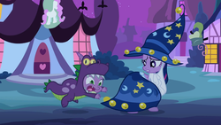 Size: 1366x768 | Tagged: safe, screencap, spike, twilight sparkle, g4, luna eclipsed, dragon costume, looking back, night, nightmare night, open mouth, ponyville, star swirl the bearded costume, tripping