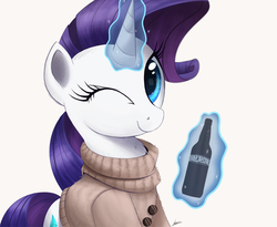 Size: 3045x2500 | Tagged: safe, artist:ncmares, rarity, g4, alcohol, beer, bottle, clothes, female, food, high res, levitation, magic, smiling, solo, sweater, telekinesis, wink
