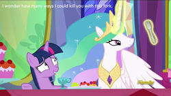 Size: 1280x720 | Tagged: safe, edit, edited screencap, screencap, princess celestia, twilight sparkle, alicorn, pony, g4, no second prances, bored, caption, discovery family logo, female, fork, forklestia, inner thoughts, mare, scene interpretation, twilight sparkle (alicorn)