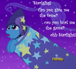 Size: 784x715 | Tagged: safe, edit, edited screencap, screencap, trixie, pony, unicorn, g4, no second prances, discovery family logo, female, helmet, image macro, implied starlight glimmer, lyrics, mare, meme, moonshot manticore mouth dive, solo, song reference, text, the supermen lovers, trixie's cannon