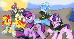 Size: 3213x1701 | Tagged: safe, artist:blackbewhite2k7, moondancer, starlight glimmer, sunset shimmer, trixie, twilight sparkle, pony, unicorn, equestria girls, g4, alternate timeline, alternate universe, amulet, armor, cloak, clothes, commission, counterparts, fanfic art, fanfic cover, fantasy, group shot, magical quintet, mountain, ocean, s5 starlight, staff, staff of sameness, sunset, twilight's counterparts