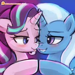 Size: 750x750 | Tagged: safe, artist:lumineko, starlight glimmer, trixie, pony, unicorn, g4, no second prances, season 6, duo, duo female, eye contact, female, horn, lesbian, looking at each other, looking at someone, mare, patreon, patreon logo, ship:startrix, shipping