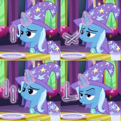Size: 700x700 | Tagged: safe, edit, edited screencap, screencap, trixie, pony, unicorn, g4, no second prances, bedroom eyes, ctrl+alt+del, everything is ruined, female, fork, grin, knife, loss (meme), loss edit, mare, meme, pure unfiltered evil, raised eyebrow, silverware, smiling, solo, xk-class end-of-the-world scenario