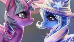 Size: 1300x731 | Tagged: dead source, safe, artist:lumelya, trixie, twilight sparkle, alicorn, pony, g4, my little pony: friendship is magic, no second prances, duo, female, frown, looking at each other, looking at someone, mare, smirk, twilight sparkle (alicorn)