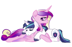 Size: 2000x1300 | Tagged: safe, artist:vpshka, princess cadance, shining armor, g4, cuddling, eyes closed, prone, simple background, sleeping, snuggling, transparent background