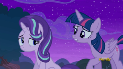 Size: 1008x565 | Tagged: safe, screencap, starlight glimmer, twilight sparkle, alicorn, pony, g4, my little pony: friendship is magic, no second prances, discovery family logo, female, mare, sitting, twilight sparkle (alicorn)