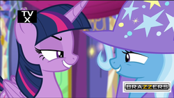 Size: 1280x723 | Tagged: safe, edit, edited screencap, screencap, trixie, twilight sparkle, alicorn, pony, g4, no second prances, brazzers, female, mare, twilight sparkle (alicorn)