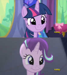 Size: 1008x1130 | Tagged: safe, screencap, starlight glimmer, twilight sparkle, alicorn, pony, unicorn, g4, no second prances, comparison, counterparts, cute, daaaaaaaaaaaw, discovery family logo, female, glimmerbetes, mare, smiling, twiabetes, twilight sparkle (alicorn), twilight's counterparts