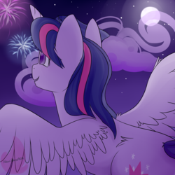 Size: 1280x1280 | Tagged: safe, artist:neonblaze909, twilight sparkle, alicorn, pony, g4, cloud, female, fireworks, flying, mare, night, solo, twilight sparkle (alicorn)