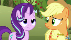 Size: 1920x1080 | Tagged: safe, screencap, applejack, starlight glimmer, g4, no second prances, discovery family logo, sweet apple acres
