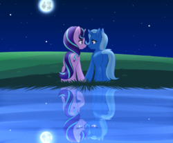 Size: 2900x2400 | Tagged: safe, artist:leafflurry, starlight glimmer, trixie, pony, unicorn, no second prances, butt, counterparts, cute, duo, evil, evil grin, female, grass, lake, lesbian, mare, moon, night, outdoors, plot, reflection, shipping, stars, startrix, twilight's counterparts, water