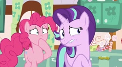 Size: 960x528 | Tagged: safe, screencap, pinkie pie, starlight glimmer, g4, no second prances, candy, discovery family logo, food, hoof over mouth, lip bite, surprised