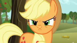 Size: 960x538 | Tagged: safe, screencap, applejack, earth pony, pony, g4, no second prances, >:c, angry, apple tree, applejack is best facemaker, applejack is not amused, cute, discovery family logo, female, frown, jackabetes, madorable, mare, solo, sweet apple acres, tree