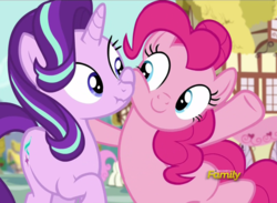 Size: 1038x760 | Tagged: safe, screencap, pinkie pie, starlight glimmer, earth pony, pony, unicorn, g4, no second prances, c:, cute, diapinkes, discovery family logo, eye contact, female, glimmerbetes, mare, nose wrinkle, nuzzling, scrunchy face, shipping fuel, smiling, squishy cheeks, wide eyes