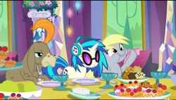 Size: 960x544 | Tagged: safe, screencap, cranky doodle donkey, derpy hooves, dj pon-3, vinyl scratch, bird, donkey, pegasus, pony, songbird, unicorn, g4, no second prances, discovery family logo, donald chirp, female, food, male, mare, muffin, twilight's castle, wig