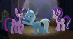 Size: 1053x566 | Tagged: safe, screencap, starlight glimmer, trixie, twilight sparkle, alicorn, pony, g4, no second prances, counterparts, female, magical trio, mare, scrunchy face, twilight sparkle (alicorn), twilight's counterparts