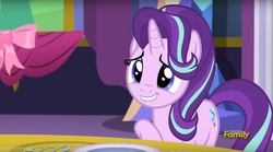 Size: 1392x773 | Tagged: safe, screencap, starlight glimmer, pony, unicorn, g4, no second prances, blue eyes, bow, curtains, cute, cutie mark, discovery family, discovery family logo, female, glimmerbetes, hair flip, horn, lip bite, mare, nervous, plate, raised hoof, silverware, solo, spoon, table, twilight's castle, watermark
