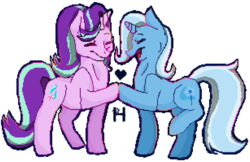 Size: 1230x799 | Tagged: safe, artist:hams5, starlight glimmer, trixie, pony, unicorn, g4, no second prances, eyes closed, female, heart, hoofbump, lesbian, mare, pixel art, ship:startrix, shipping, simple background, smiling, transparent background