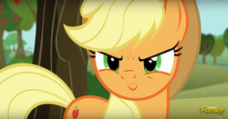 Size: 1246x654 | Tagged: safe, edit, edited screencap, screencap, applejack, g4, no second prances, discovery family logo, inverted mouth