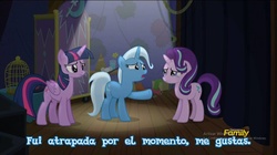 Size: 960x539 | Tagged: safe, edit, edited screencap, screencap, starlight glimmer, trixie, twilight sparkle, alicorn, pony, g4, no second prances, counterparts, crying, discovery family logo, female, magical trio, mare, out of context, shipping fuel, spanish, translated in the comments, trio, twilight sparkle (alicorn), twilight's counterparts