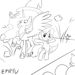 Size: 540x540 | Tagged: safe, artist:empyu, princess celestia, trixie, alicorn, pony, unicorn, g4, bipedal, duo, monochrome, my little art challenge, stage, wavy mouth