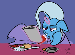 Size: 1280x948 | Tagged: safe, artist:mxcoriginal, trixie, pony, unicorn, g4, drink, female, food, glowing horn, horn, magic, mare, my little art challenge, solo, telekinesis