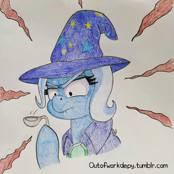 Size: 800x803 | Tagged: safe, artist:outofworkderpy, trixie, pony, unicorn, g4, no second prances, 30 minute art challenge, cape, clothes, coincidence, cute, epic magic, female, funny, hat, intense stare, magic, magic trick, mare, solo, spoon, spoon bending, telekinesis, traditional art, trixie's cape, trixie's hat