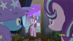 Size: 1008x565 | Tagged: safe, screencap, starlight glimmer, trixie, twilight sparkle, alicorn, pony, g4, no second prances, clothes, counterparts, discovery family logo, female, magical trio, mare, torn clothes, twilight sparkle (alicorn), twilight's counterparts