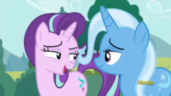 Size: 1008x565 | Tagged: safe, screencap, starlight glimmer, trixie, pony, unicorn, g4, no second prances, counterparts, discovery family logo, female, lidded eyes, mare, raised eyebrow, twilight's counterparts