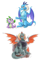 Size: 1263x1920 | Tagged: safe, artist:audrarius, dragon lord torch, princess ember, spike, dragon, g4, gauntlet of fire, female, male, open mouth, simple background, white background